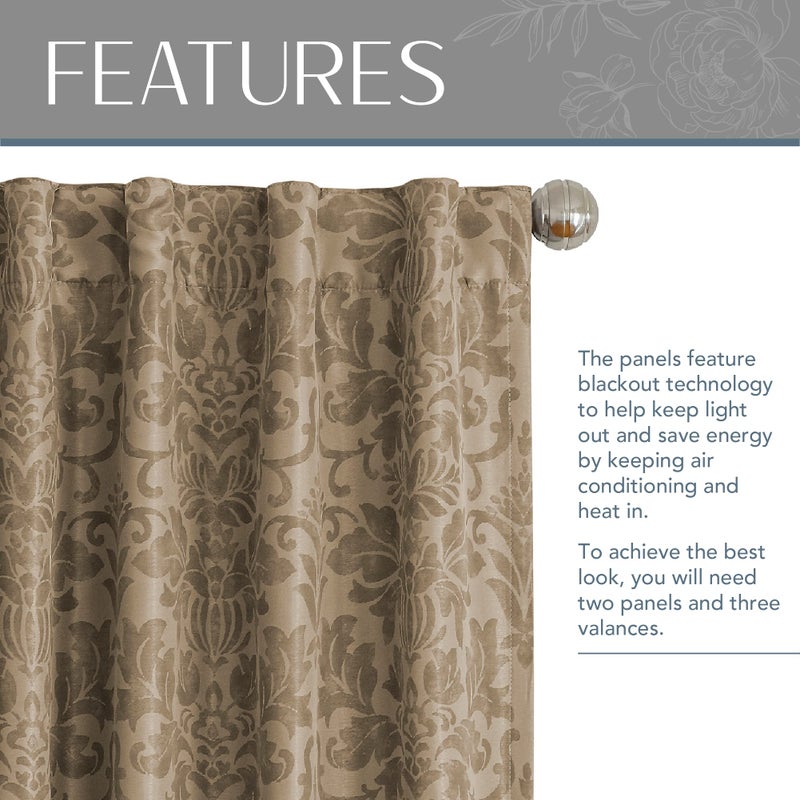 Elrene Home Fashions Antonia Floral Damask Blackout Single Window Curtain Panel, 52"x84", Taupe - Image 3